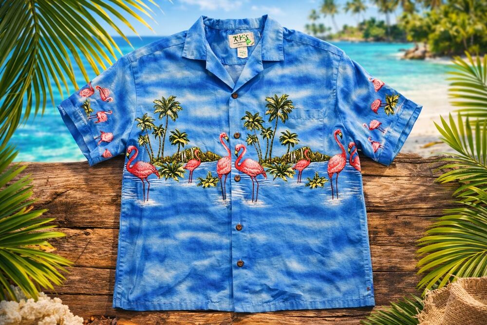 KYs Hawaiian Shirt Mens 2XL Flamingo Palm Tree Made In Hawaii Blue Aloha Camp